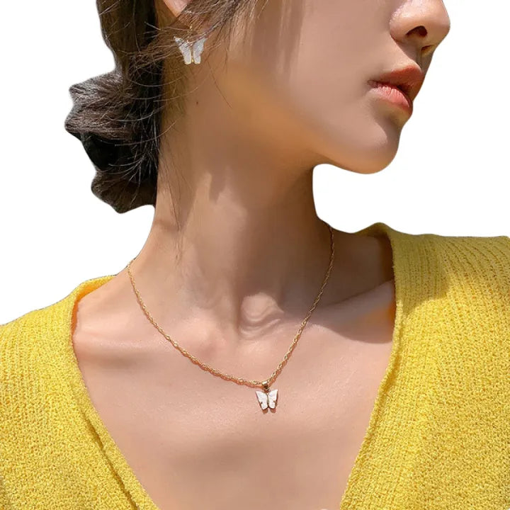#JSFA00015 - White Butterfly Golden Chain Charm Necklace With Earings For Girls - Korean Jewellery Set - Premium Quality, Stylish Jewellery For Girls
