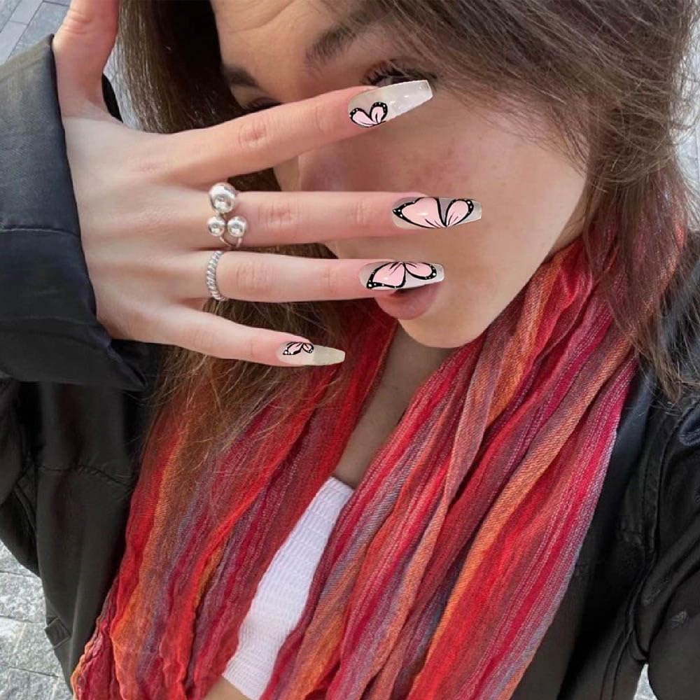 24Pcs Pink & White Butterfly Beautiful Trendy Fake Nails (With Glue) Set For Girls - Wearable Nails Stylish Pattern Artificial Long Nails For Women