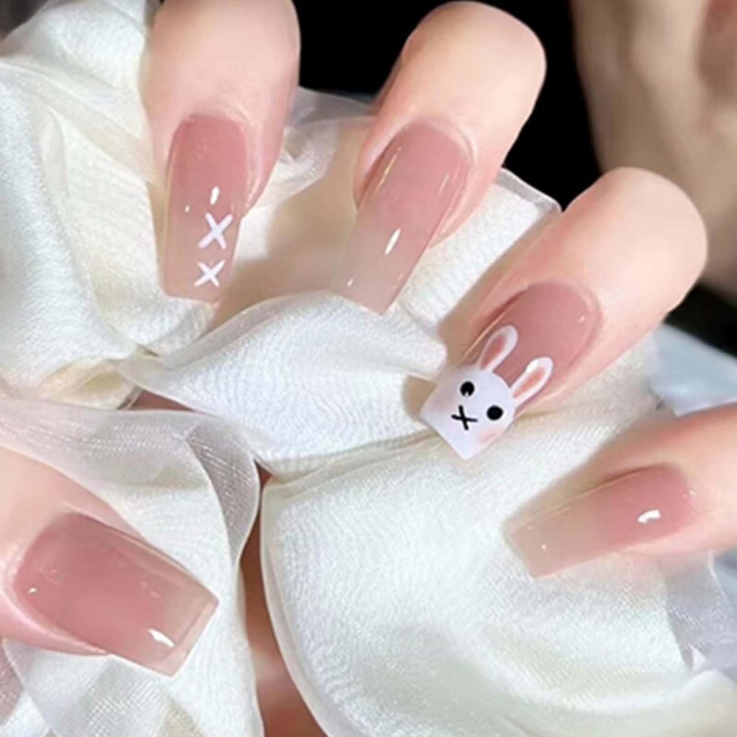 24Pcs Pink Beautiful Trendy Rabbit Design Fake Nails (With Glue) Set For Girls - Wearable Nails Stylish Pattern Artificial Long Nails For Women