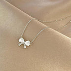Korean Jewellery Silver Luxurious Rhinestone Zircon Bow Necklace for Girls Sweet Fairy Clavicle Chain Shiny Zircon Korean Jewellery Necklace
