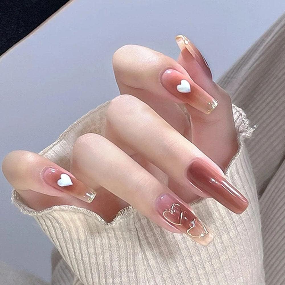 24Pcs Multicolor Beautiful Trendy Fake Nails (With Glue) Set For Girls - Wearable Nails Stylish Pattern Artificial Long Nails For Women