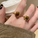 Korean Jewellery 3Pcs Retro Brown Geometric Brown Stone Rings Adjustable Size Rings For Girls