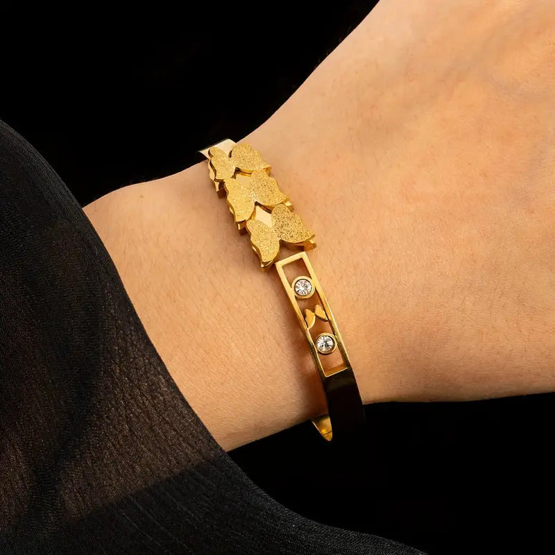Luxury 18kK Gold Plated Branded Stainless Steel Jewellery Butterfly Zirconia Bangles Kara Bracelet For Girls | Never Fade Luxury Stainless Steel Adjustable HandCuff For Women