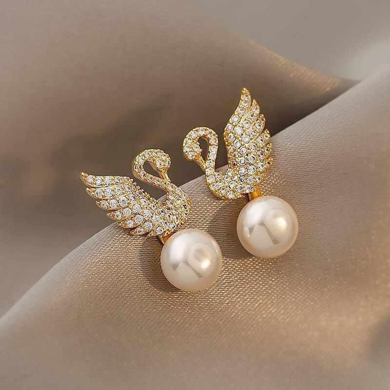 Korean Jewellery Crystal Zircon Rhinestone Pearl Swan Duck Earrings For Girls | S925 Needle Earing For All Occasions