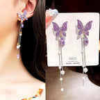 Korean Jewellery Purple Crystal Rhinestone Long Style Pearl Tassels Butterfly S925 Needle Earrings For Girls