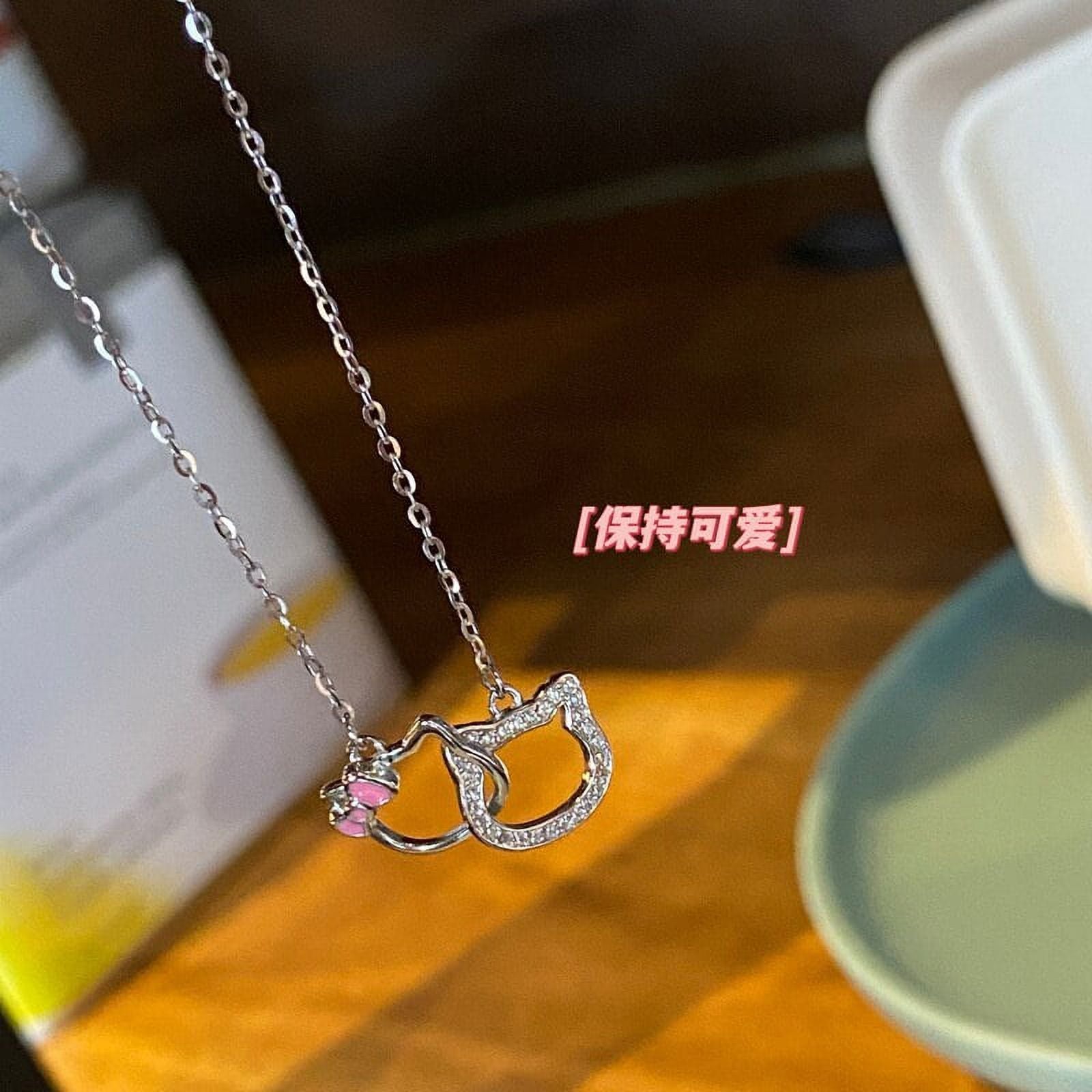 Silver Beautiful Hello Kitty Double Pendant Necklace Clavicle Chain Korean Style For Girls Korean Jewellery Gift