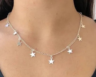 #NFA00091 - Silver Star Choker Necklace Korean Jewellery For Girls - Silver Chain Neck Statement Collar Chains Choker Shining Female Choker Korean Jewellery