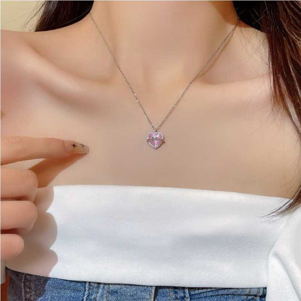 Korean Jewellery Pink Heart & Bow Necklace for Girls Sweet Fairy Clavicle Chain Shiny Korean Jewellery Necklace - Aesthetic Bowknot Love Pendant Women Necklaces