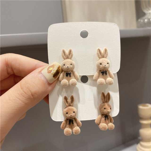 Korean Jewellery Brown / Biege S925 Needle Cute Flocking Plush Rabbit Stud Trendy Earrings For Girls