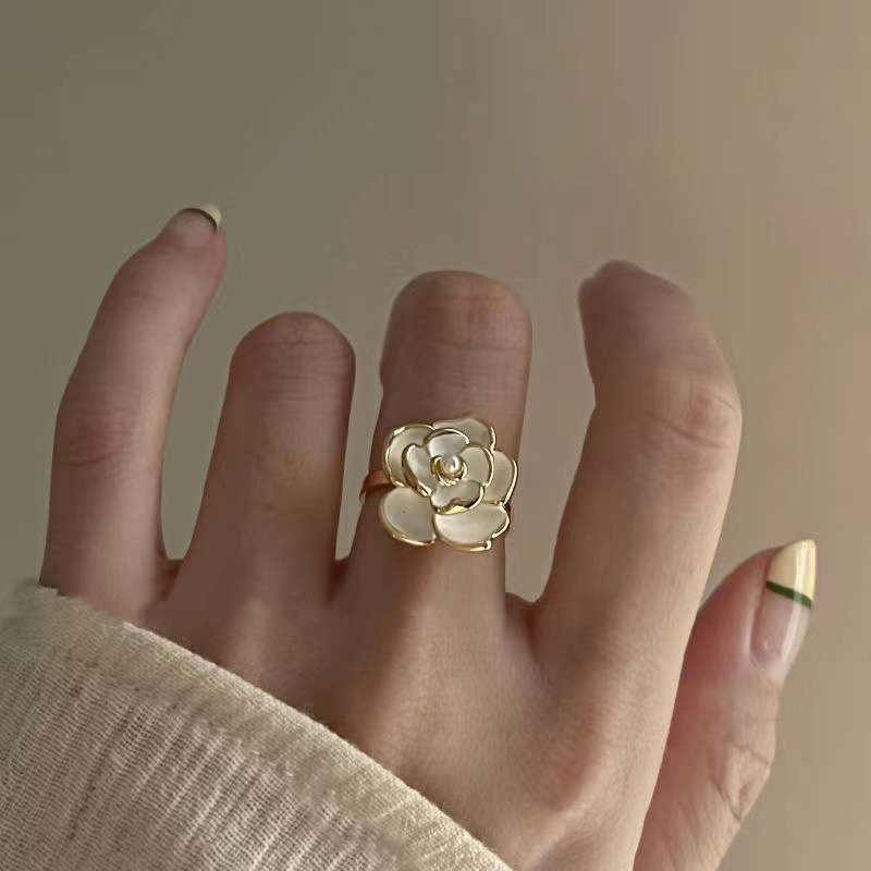 Korean Jewellery White Elegant Geometrical Pearl Camellia Flower Adjustable Ring For Girls