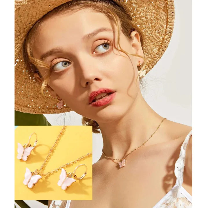 Pink Butterfly Golden Chain Charm Necklace With Earrings For Girls - Korean Jewelry Set.