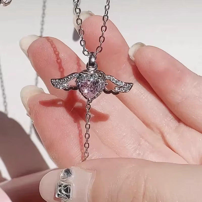 Korean Jewellery Silver Crystal Angel Wing Heart Pendant Necklace For Girls | Korean Jewellery Necklace For Women/Girls