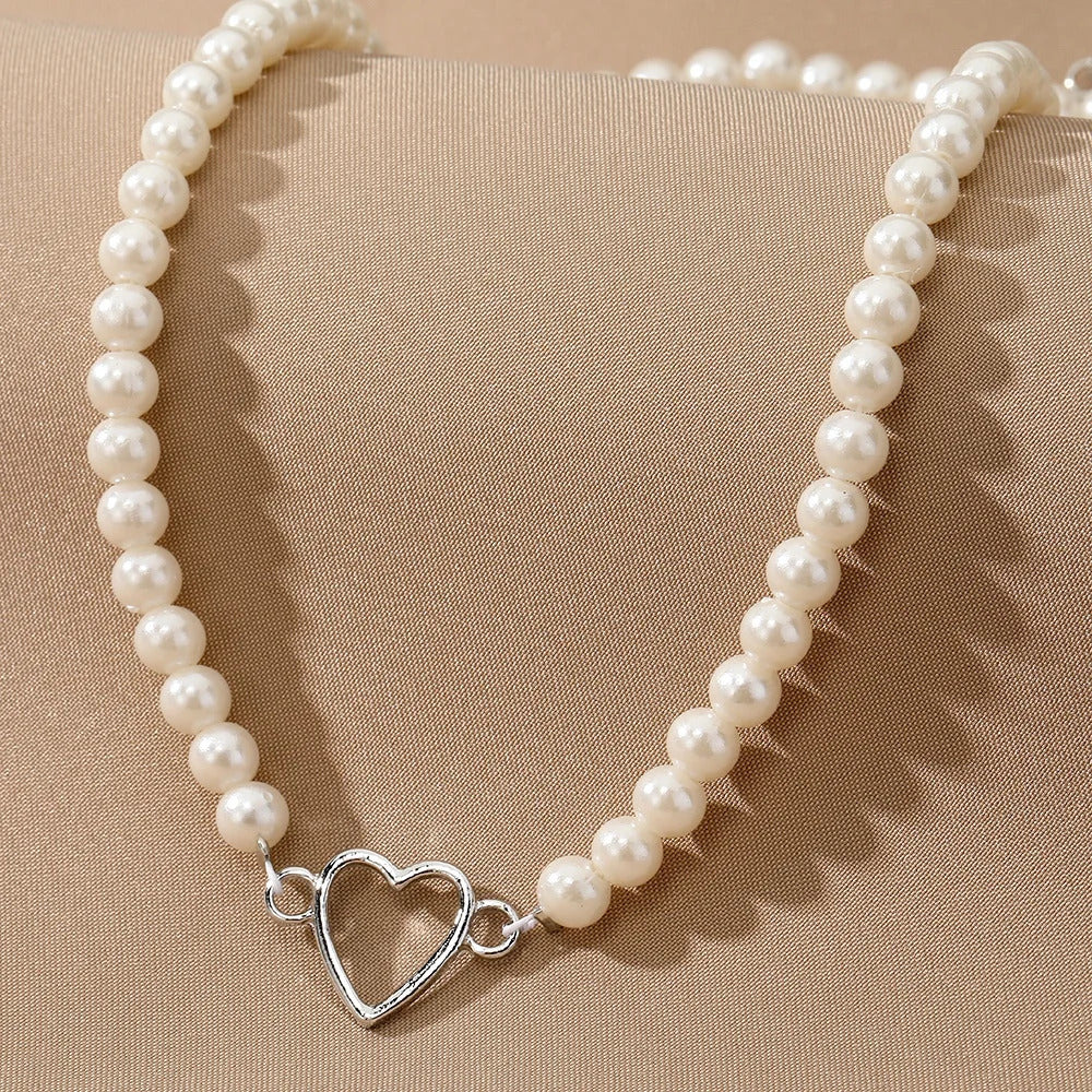 Pearl Silver Heart Necklace Jewellery For Girls- Aesthetic Pearl Bead Choker, Pearl Choker Necklace, Decor Silver Heart Pearl Necklace - Korean Jewellery For Girls