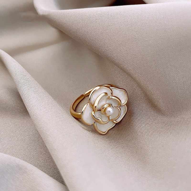 Korean Jewellery White Elegant Geometrical Pearl Camellia Flower Adjustable Ring For Girls
