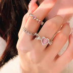 Korean Jewellery 3Pcs Heart-shaped Zircon Pink Crystal Heart Finger Rings For Girls