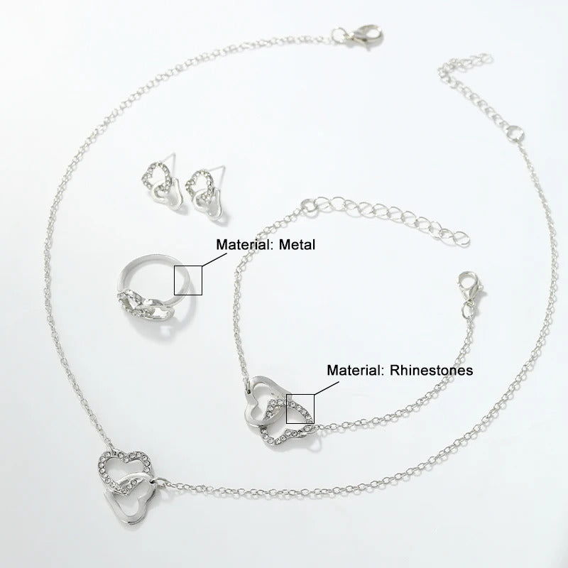 4Pcs Silver Zircon Heart Necklace Earrings Bracelet Ring Jewelry Set For Girls Fashion Party Jewelry Daily Wear Zirconia Heart Jewelry Set