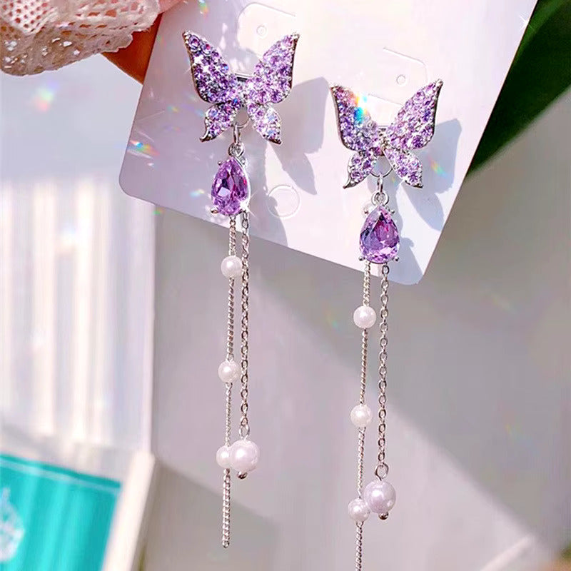 Korean Jewellery Purple Crystal Rhinestone Long Style Pearl Tassels Butterfly S925 Needle Earrings For Girls