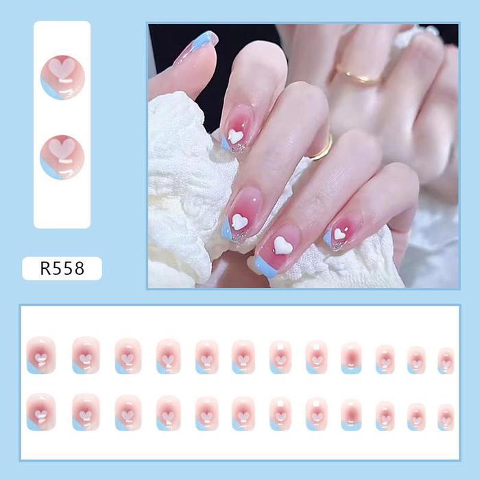 24Pcs Pink Beautiful Heart Design Trendy Fake Nails (With Glue) Set For Girls - Wearable Nails Stylish Pattern Artificial Nails For Women