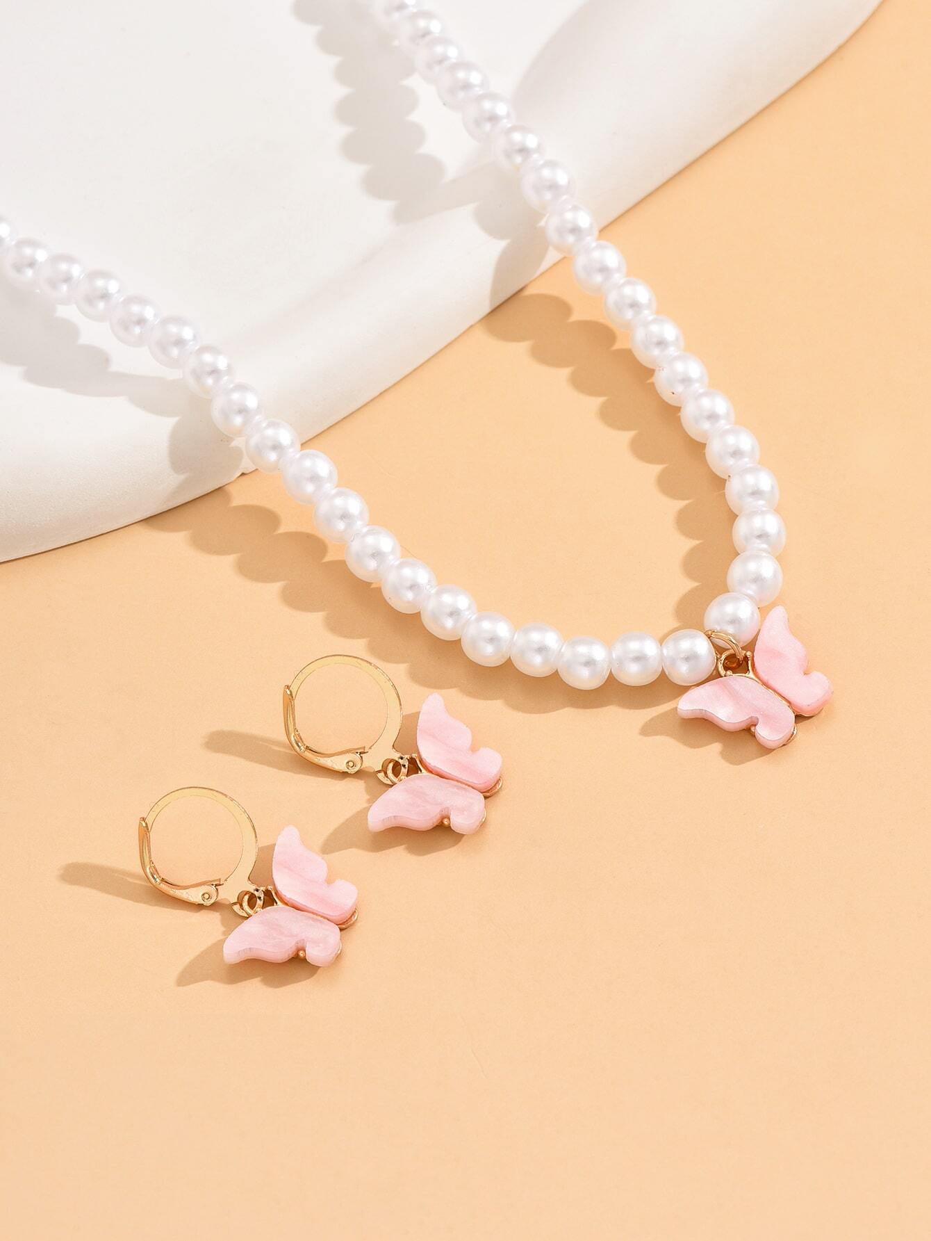 Korean Jewellery Necklace With Earring set Simple And Fresh Style Imitation Pearl & Pink Butterfly Shaped Jewellery For Girls