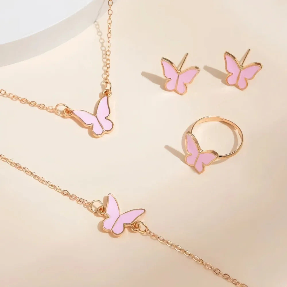 4Pcs Gold & Pink Butterfly Necklace Earrings Bracelet Ring Jewelry Set For Girls Fashion Party Jewelry Daily Wear Butterfly Jewelry Set