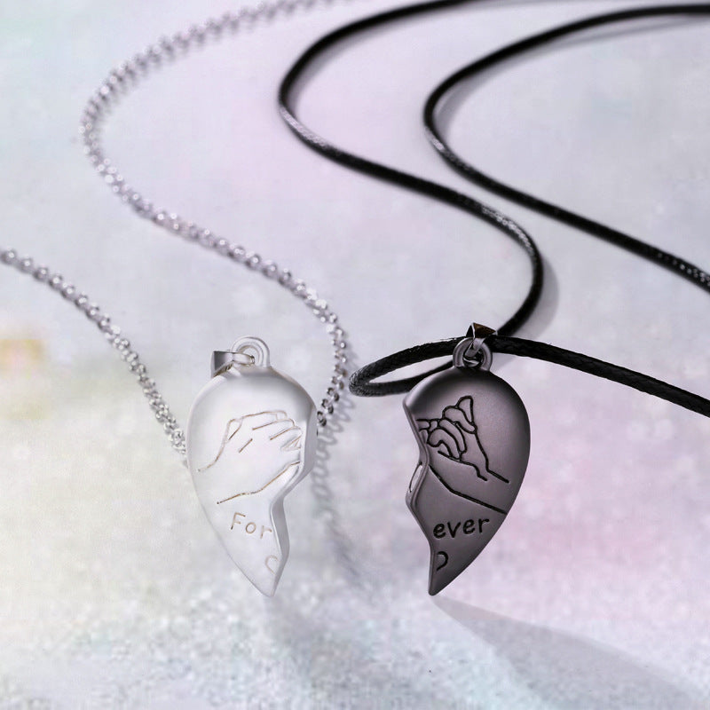 2 pcs Magnetic Heavy Metal Heart Shape HandDesing ForeverText Pendant Necklace gift for Friends Couples Korean Jewellery