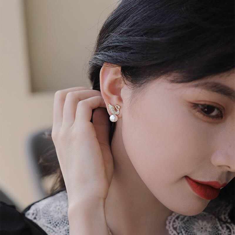 Korean Jewellery Crystal Zircon Rhinestone Pearl Swan Duck Earrings For Girls | S925 Needle Earing For All Occasions