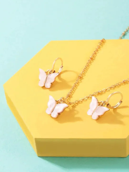 Pink Butterfly Golden Chain Charm Necklace With Earrings For Girls - Korean Jewelry Set.