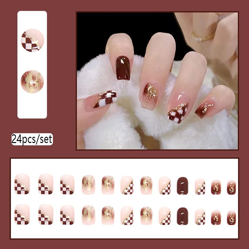 24Pcs Multicolor Beautiful Trendy Fake Nails (With Glue) Set For Girls - Wearable Nails Stylish Pattern Artificial Nails For Women