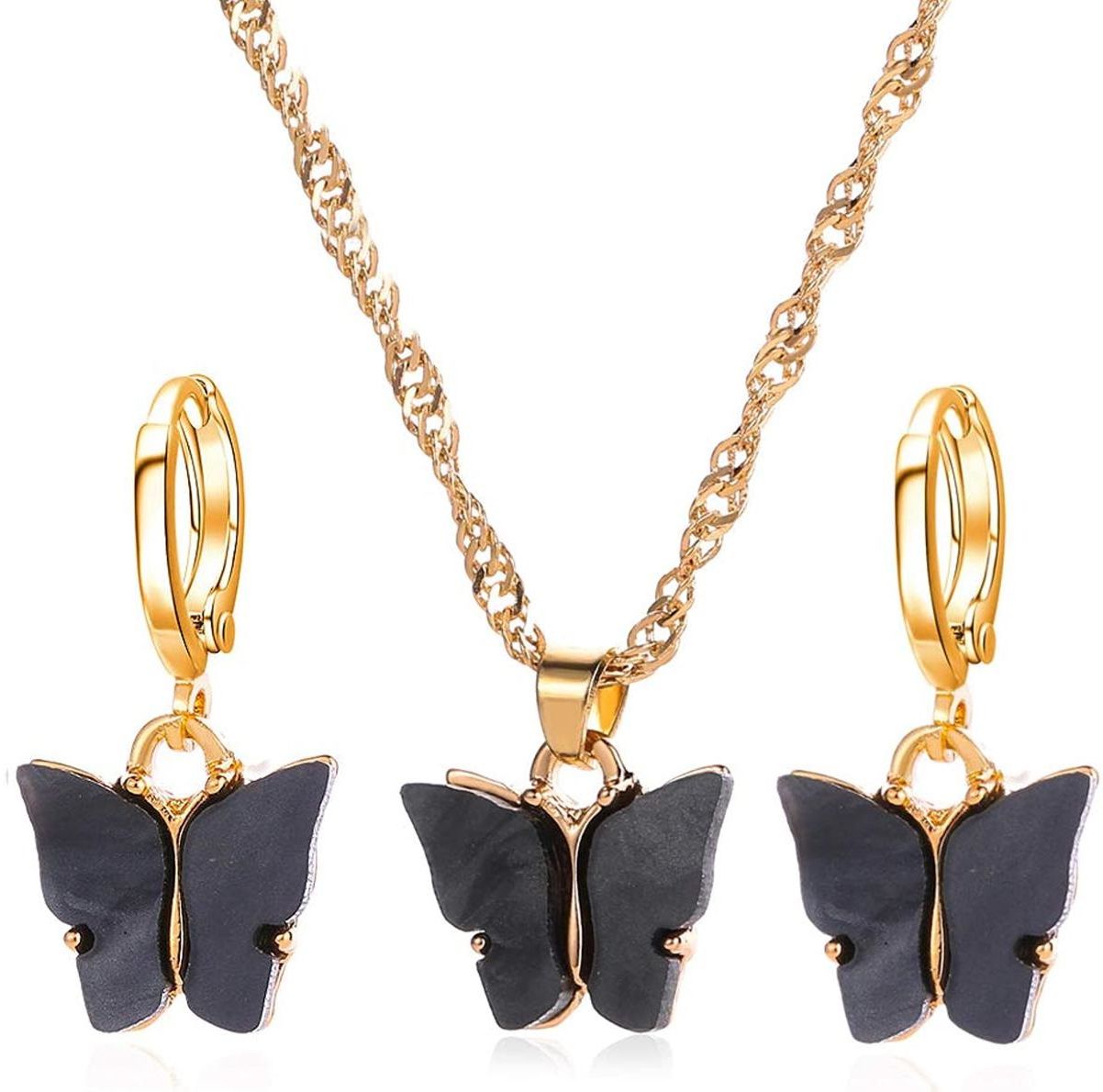 Black Butterfly Golden Chain Charm Necklace With Earrings For Girls - Korean Jewellery For Girls