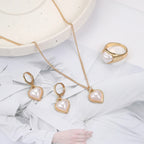 3PCS Exquisite and Elegant Pearl Heart Love Jewelry Women's Fashion Style Versatile Necklace Earrings Ring Jewellery Set For Girls