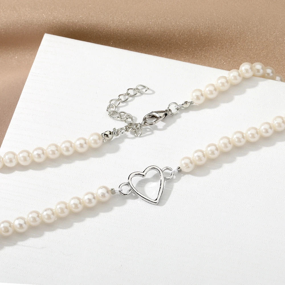 Pearl Silver Heart Necklace Jewellery For Girls- Aesthetic Pearl Bead Choker, Pearl Choker Necklace, Decor Silver Heart Pearl Necklace - Korean Jewellery For Girls