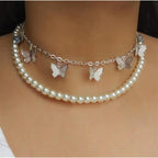 Silver Pearl Butterfly Double Layer Korean Jewellery Choker Necklace Jewellery For Girls- Silver Chain Neck Statement Collar Chains Choker Shining Female Choker Korean Jewellery