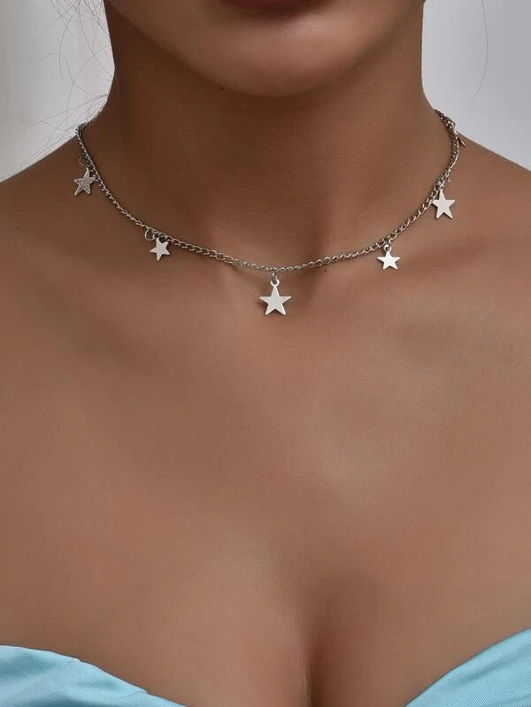 Silver Star choker Necklace Korean Jewellery For Girls - Silver Chain Neck Statement Collar Chains Choker Shining Female Choker Korean Jewellery Necklace