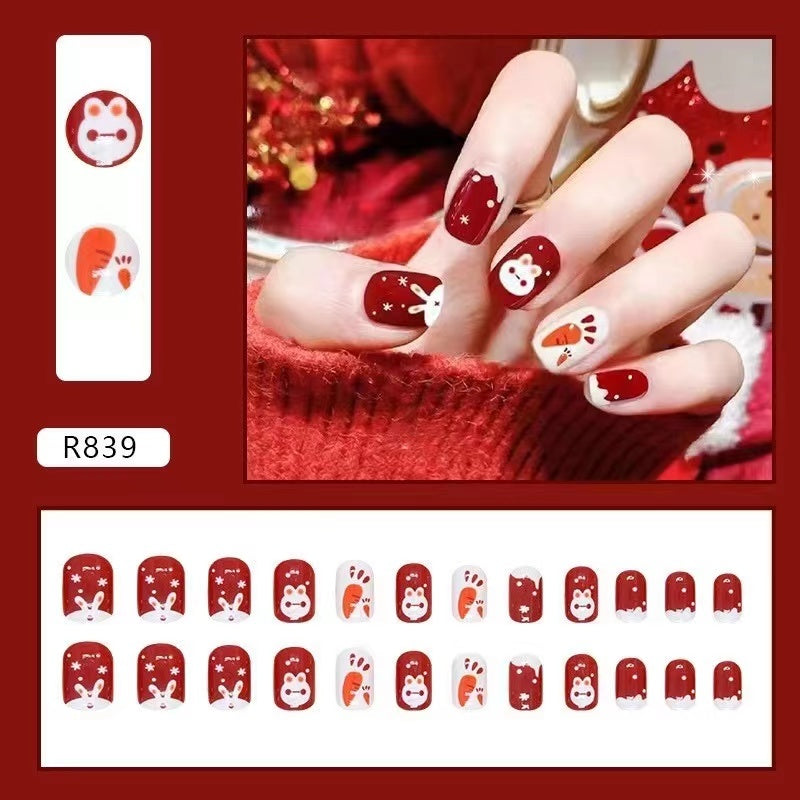 24Pcs Red & White Beautiful Trendy Fake Nails (With Glue) Set For Girls - Wearable Nails Stylish Pattern Artificial Nails For Women
