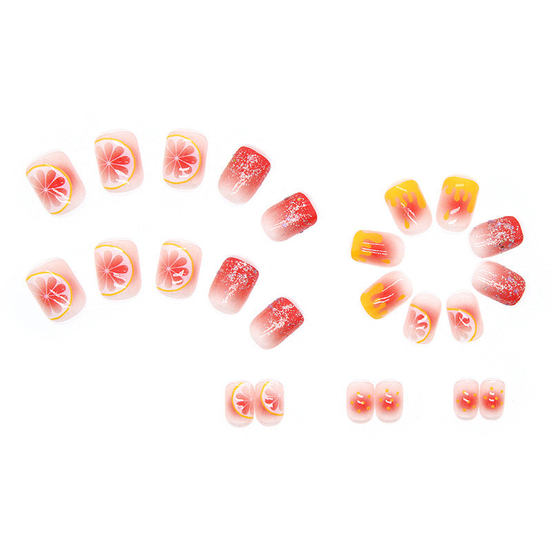 24Pcs Pink Beautiful Fruit Design Trendy Fake Nails (With Glue) Set For Girls - Wearable Nails Stylish Pattern Artificial Long Nails For Women