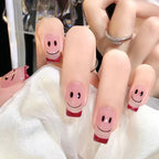 24Pcs Pink Beautiful Smile Face Trendy Fake Nails (With Glue) Set For Girls - Wearable Nails Stylish Pattern Artificial Nails For Women