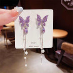 Korean Jewellery Purple Crystal Rhinestone Long Style Pearl Tassels Butterfly S925 Needle Earrings For Girls