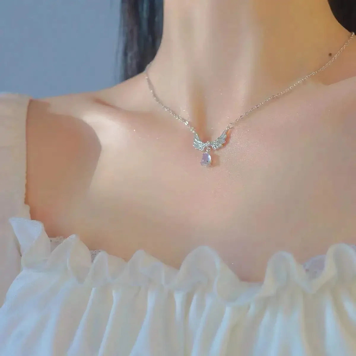Silver Zircon Angel Wing Aesthetic Trendy Necklace For Girls Wedding Engagement Korean Jewellery Gift