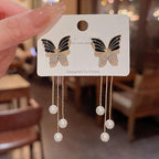 Korean Jewellery 925 Silver Needle Black Butterfly Drop Earings For Girls New Fashion Pearl Long Tassel Chain Rhinestone Earring Jewelry Gift