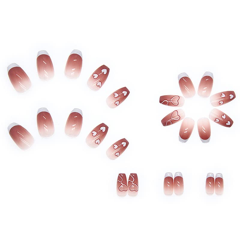 24Pcs Multicolor Beautiful Heart Shape Trendy Fake Nails (With Glue) Set For Girls - Wearable Nails Stylish Pattern Artificial Long Nails For Women