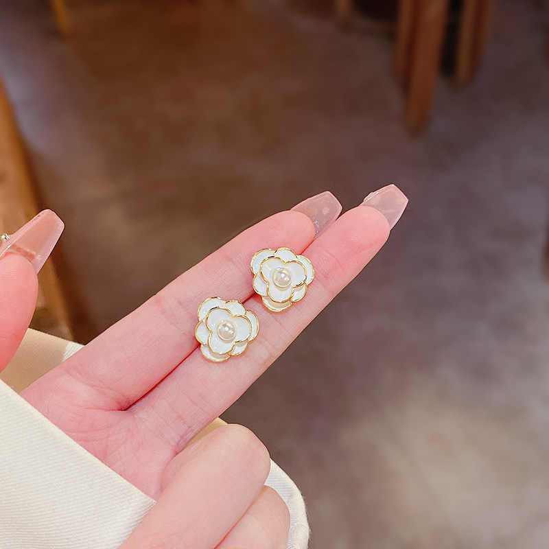 Korean Jewellery White Flower Camellia Pearl Sweet Light Luxury Elegant S925 Needle Earrings For Girls