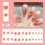 24Pcs Pink Beautiful Fruit Design Trendy Fake Nails (With Glue) Set For Girls - Wearable Nails Stylish Pattern Artificial Long Nails For Women
