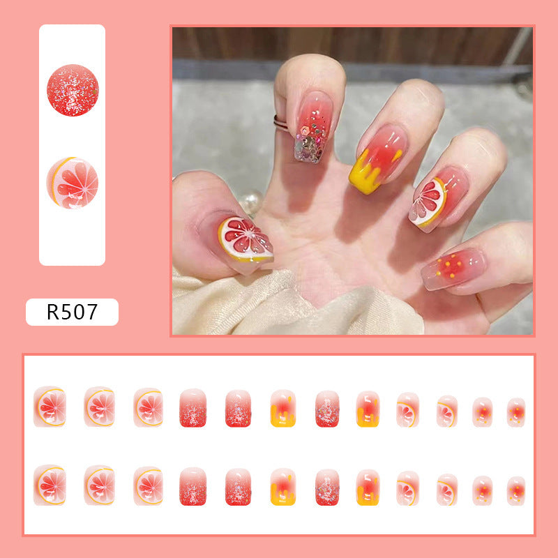 24Pcs Pink Beautiful Fruit Design Trendy Fake Nails (With Glue) Set For Girls - Wearable Nails Stylish Pattern Artificial Long Nails For Women