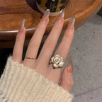 Korean Jewellery White Elegant Geometrical Pearl Camellia Flower Adjustable Ring For Girls