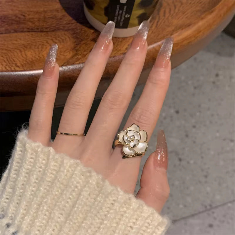 Korean Jewellery White Elegant Geometrical Pearl Camellia Flower Adjustable Ring For Girls