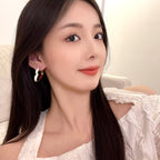 Korean Jewellery Pair Of Golden & White Heart Dangle S925 Silver Needle Earrings For Girls | Luxury Wedding Party Jewelry Premium Gifts New Fashion Trend