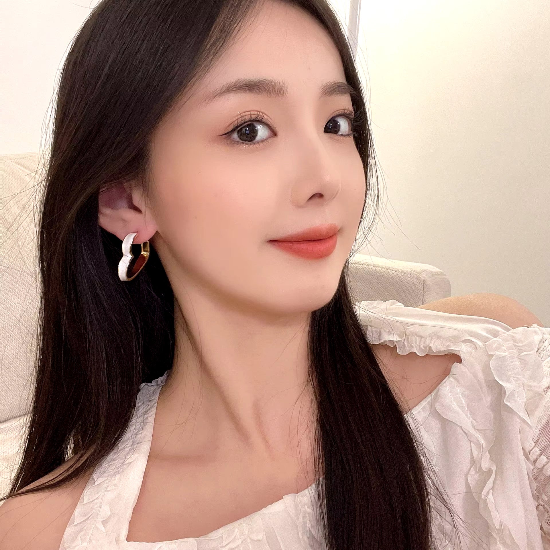 Korean Jewellery Pair Of Golden & White Heart Dangle S925 Silver Needle Earrings For Girls | Luxury Wedding Party Jewelry Premium Gifts New Fashion Trend