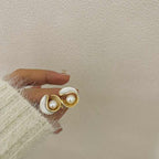 Korean Jewellery Gold & White Elegant Big Fresh Water Pearl Geometric Stud Earrings For Girls | Elegant Jewellery | S925 Needle Earing For All Occasions