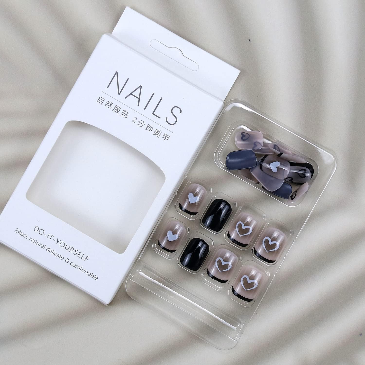 24Pcs Black & MultiColor Beautiful Heart Trendy Fake Nails (With Glue) Set For Girls - Wearable Nails Stylish Pattern Artificial Nails For Women
