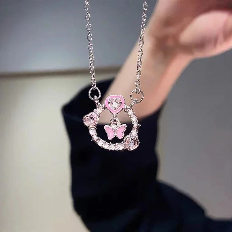 Korean Jewellery Silver Chain With Crystal Zirconia Butterfly Pendant Aesthetic Jewellery For Girls